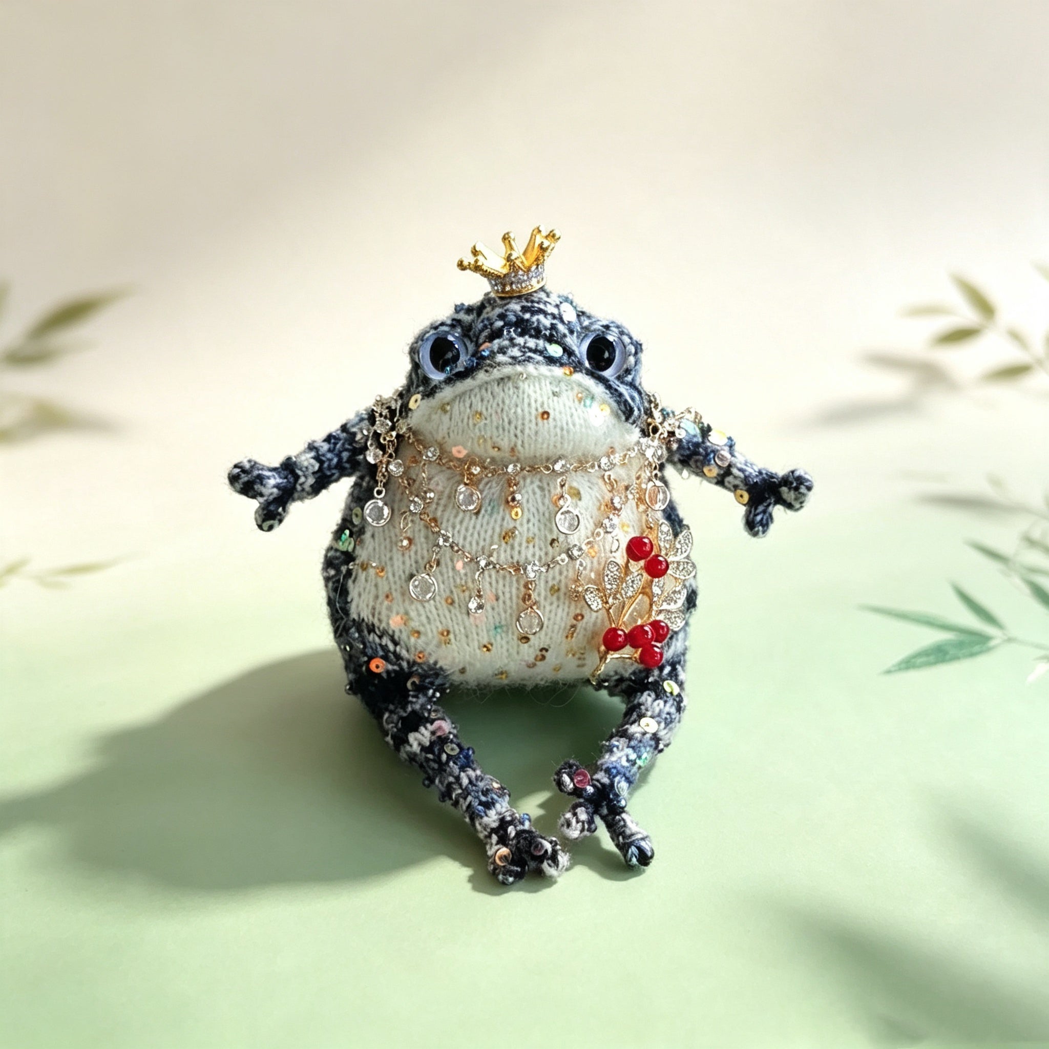 The Royal Fortune Toads – Hand-Knitted Lucky Figurines ; Fortune Charms: Midnight Blue Toad with Berry Brooch, Ruby Red Toad with Koi Fish &amp; Ancient Coin Pendant (Available Individually or as a Pair) | The Third Space