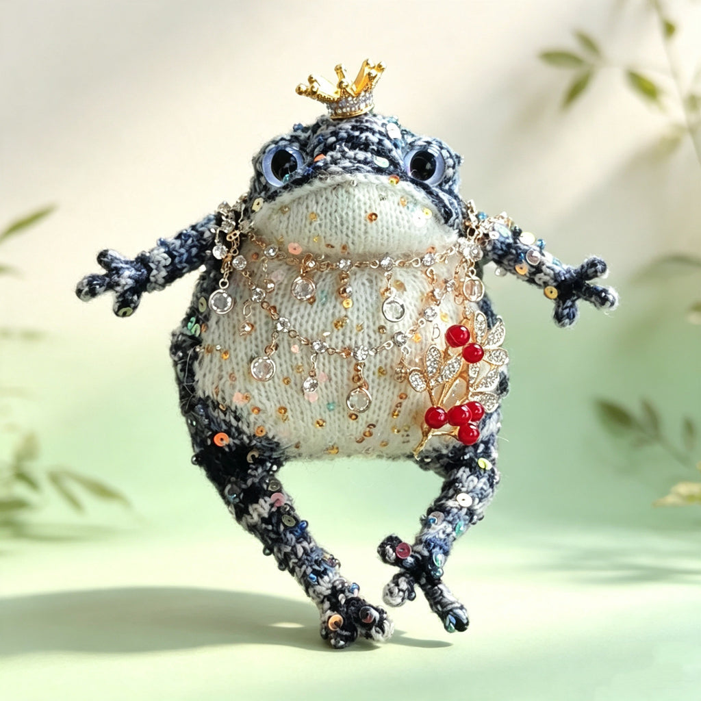 The Royal Fortune Toads – Hand-Knitted Lucky Figurines ; Fortune Charms: Midnight Blue Toad with Berry Brooch, Ruby Red Toad with Koi Fish &amp; Ancient Coin Pendant (Available Individually or as a Pair) | The Third Space