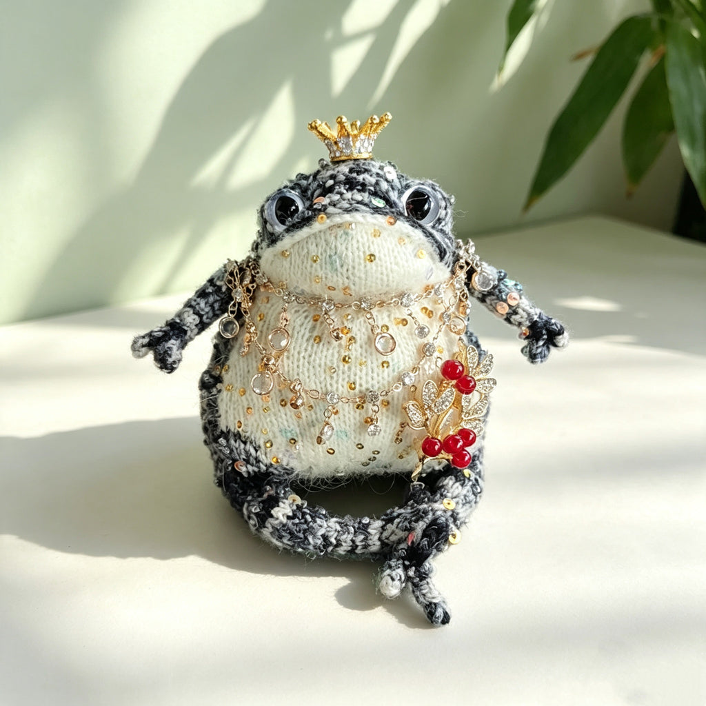 The Royal Fortune Toads – Hand-Knitted Lucky Figurines ; Fortune Charms: Midnight Blue Toad with Berry Brooch, Ruby Red Toad with Koi Fish &amp; Ancient Coin Pendant (Available Individually or as a Pair) | The Third Space
