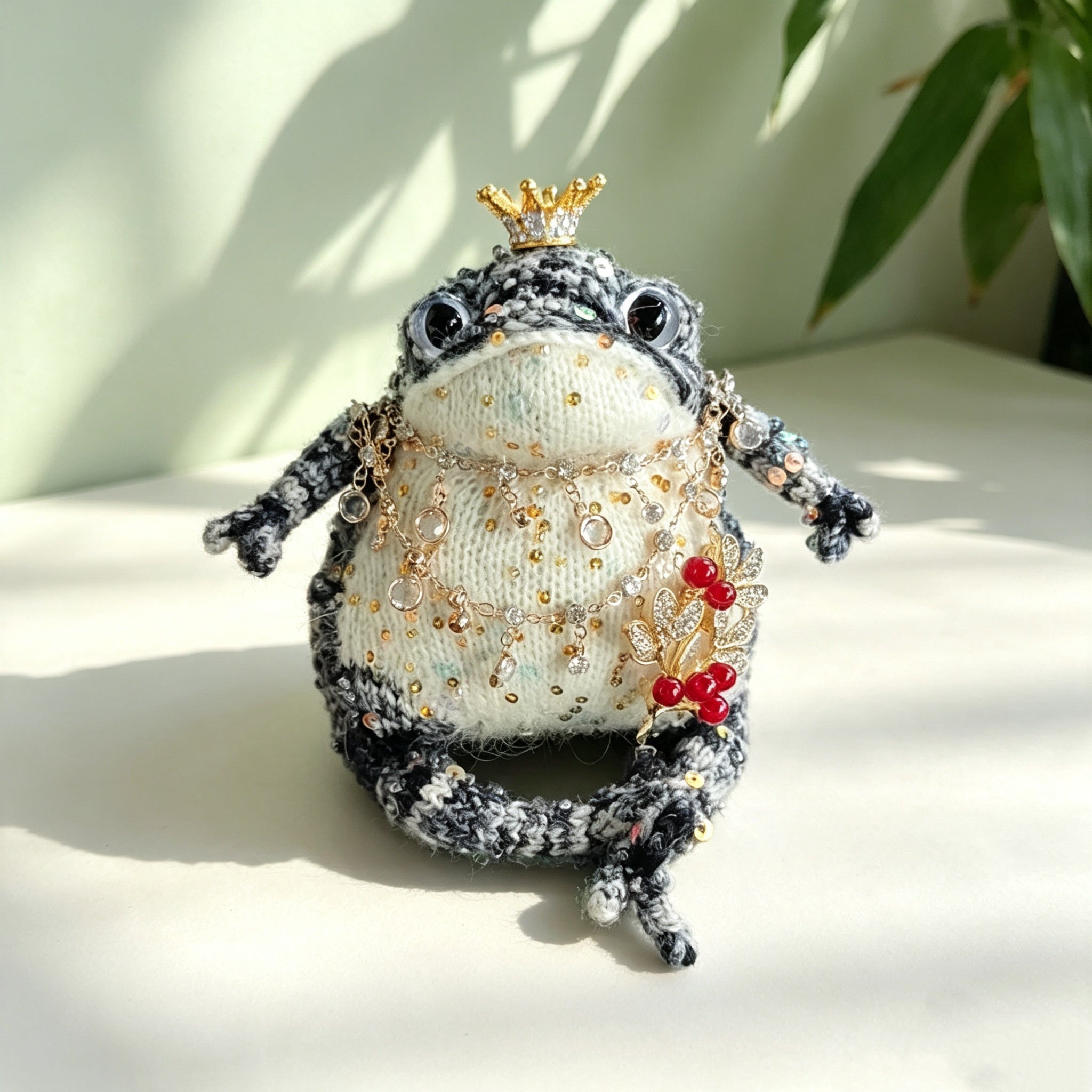 The Royal Fortune Toads – Hand-Knitted Lucky Figurines ; Fortune Charms: Midnight Blue Toad with Berry Brooch, Ruby Red Toad with Koi Fish &amp; Ancient Coin Pendant (Available Individually or as a Pair) | The Third Space