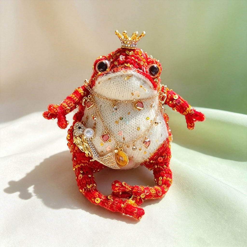 The Royal Fortune Toads – Hand-Knitted Lucky Figurines ; Fortune Charms: Midnight Blue Toad with Berry Brooch, Ruby Red Toad with Koi Fish &amp; Ancient Coin Pendant (Available Individually or as a Pair) | The Third Space