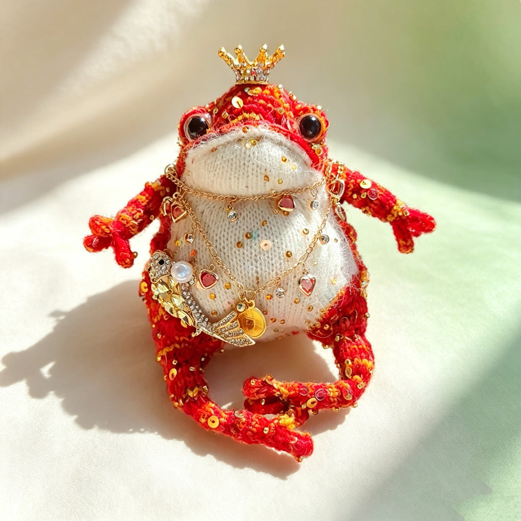 The Royal Fortune Toads – Hand-Knitted Lucky Figurines ; Fortune Charms: Midnight Blue Toad with Berry Brooch, Ruby Red Toad with Koi Fish &amp; Ancient Coin Pendant (Available Individually or as a Pair) | The Third Space