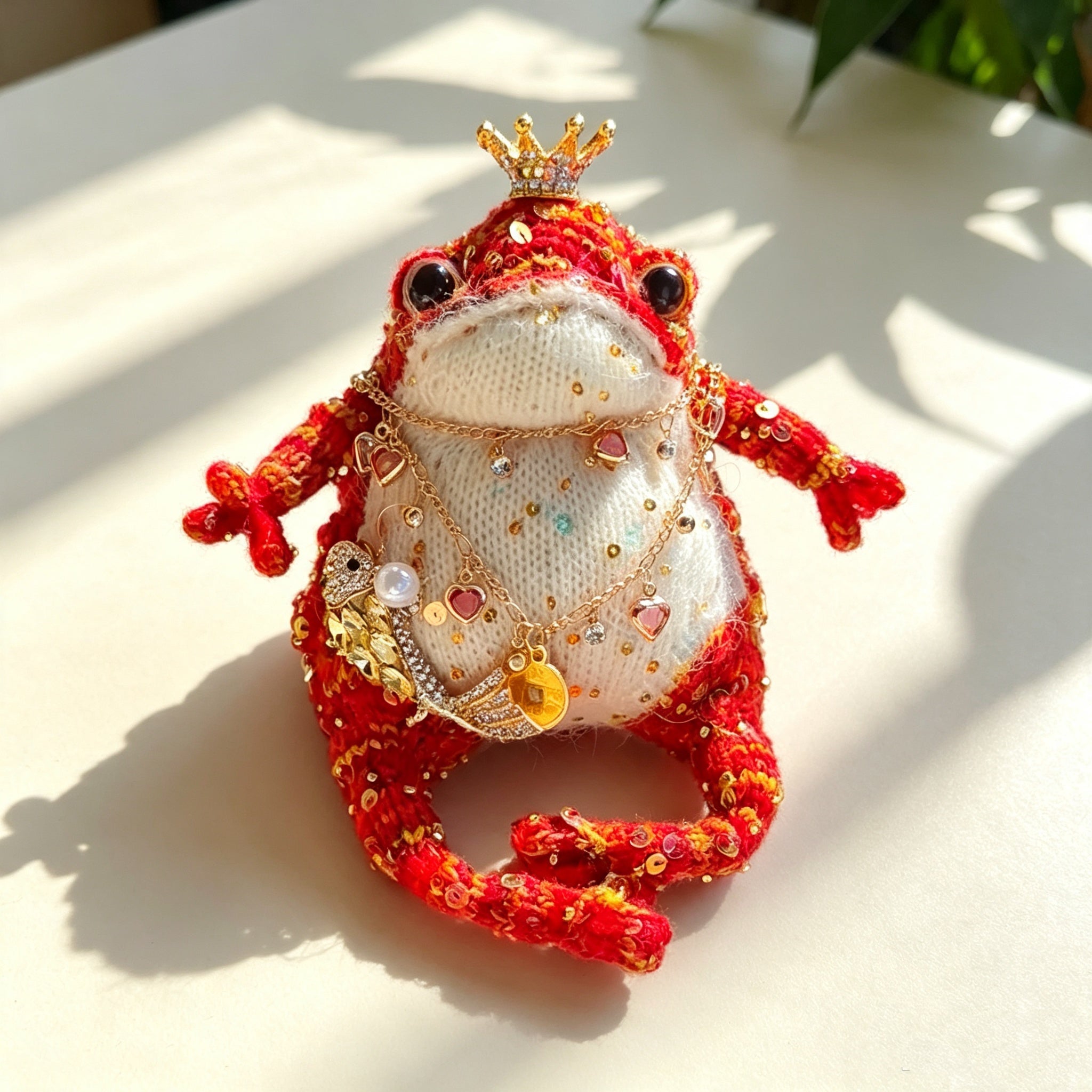The Royal Fortune Toads – Hand-Knitted Lucky Figurines ; Fortune Charms: Midnight Blue Toad with Berry Brooch, Ruby Red Toad with Koi Fish &amp; Ancient Coin Pendant (Available Individually or as a Pair) | The Third Space