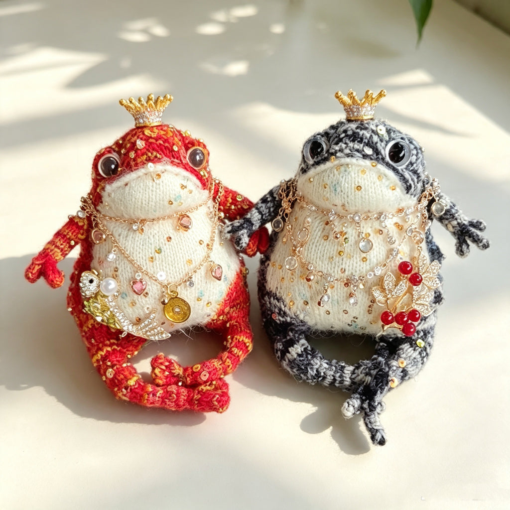 The Royal Fortune Toads – Hand-Knitted Lucky Figurines ; Fortune Charms: Midnight Blue Toad with Berry Brooch, Ruby Red Toad with Koi Fish &amp; Ancient Coin Pendant (Available Individually or as a Pair) | The Third Space