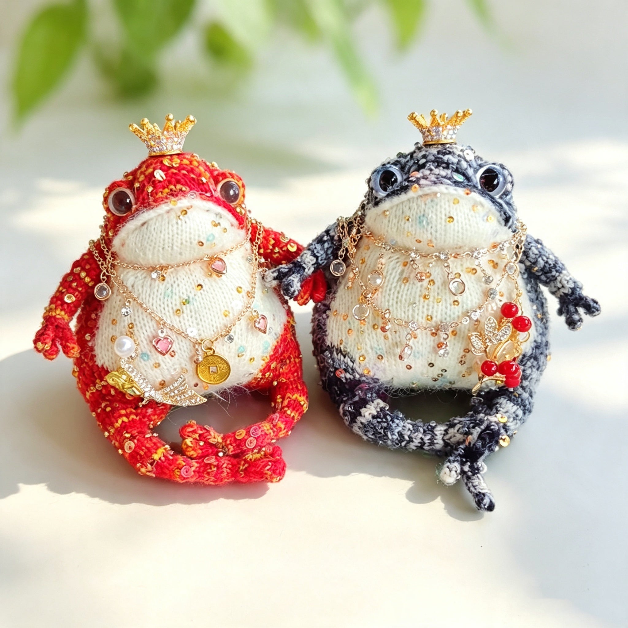 The Royal Fortune Toads – Hand-Knitted Lucky Figurines ; Fortune Charms: Midnight Blue Toad with Berry Brooch, Ruby Red Toad with Koi Fish &amp; Ancient Coin Pendant (Available Individually or as a Pair) | The Third Space