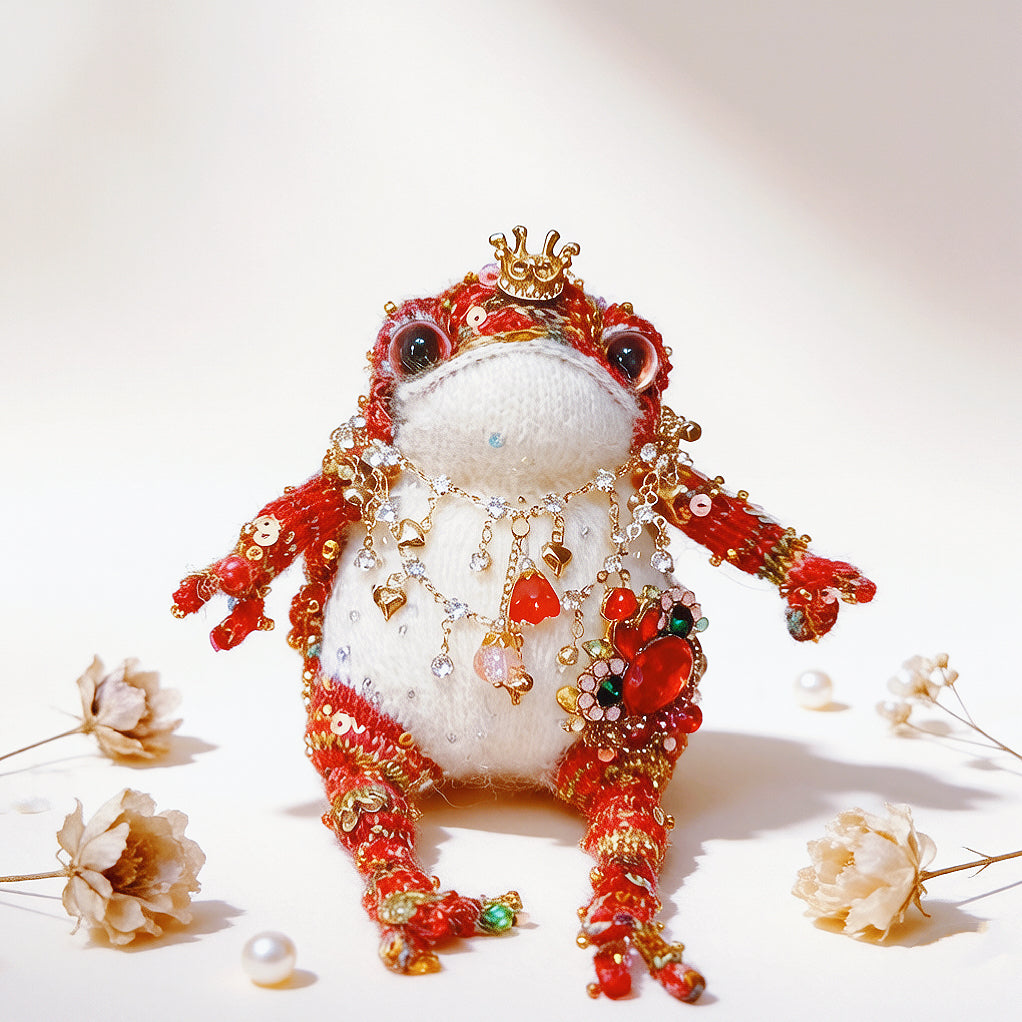 Ruby Jewel Toad – Handcrafted Red Crochet Figurine with Gold Crown, Layered Gem Necklace &amp; Ruby Brooch | The Third Space