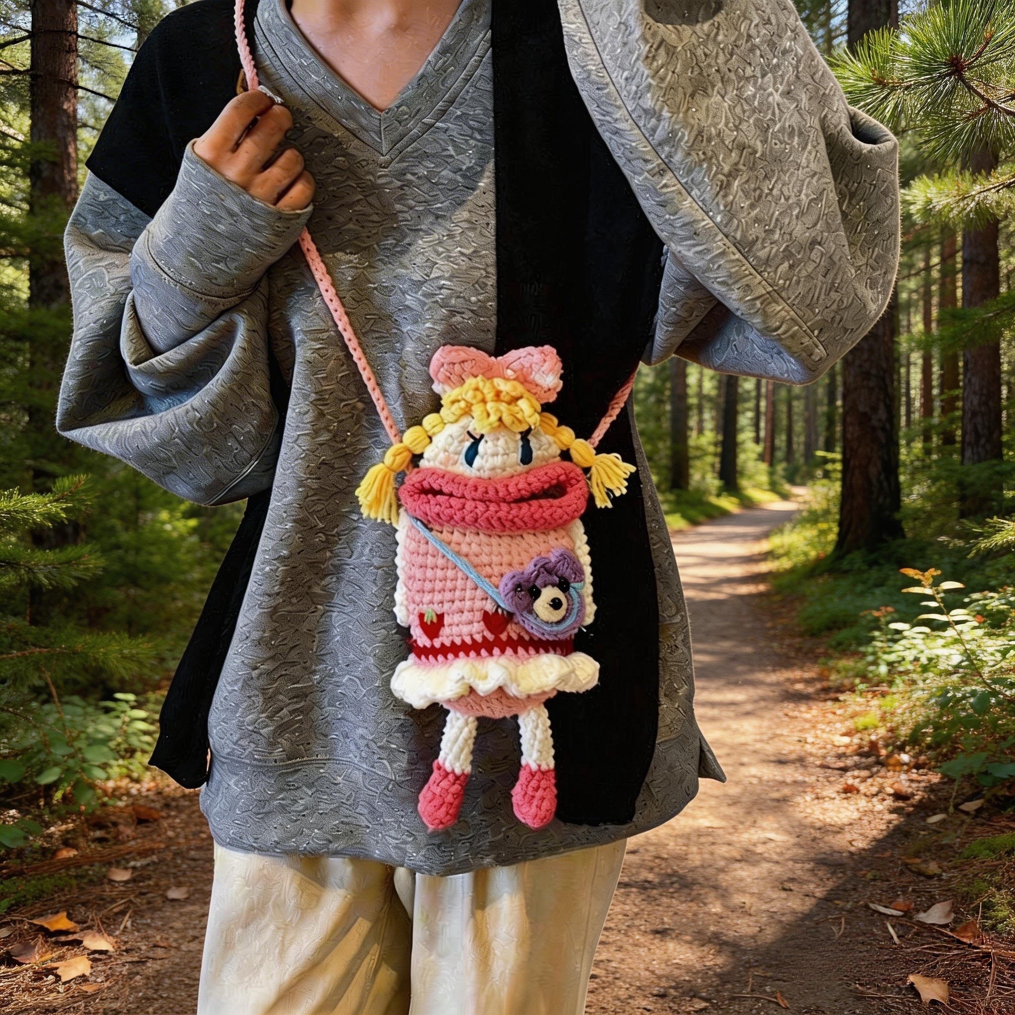Crochet Wide-Mouth Doll Crossbody Bag – Handmade Novelty Phone Purse