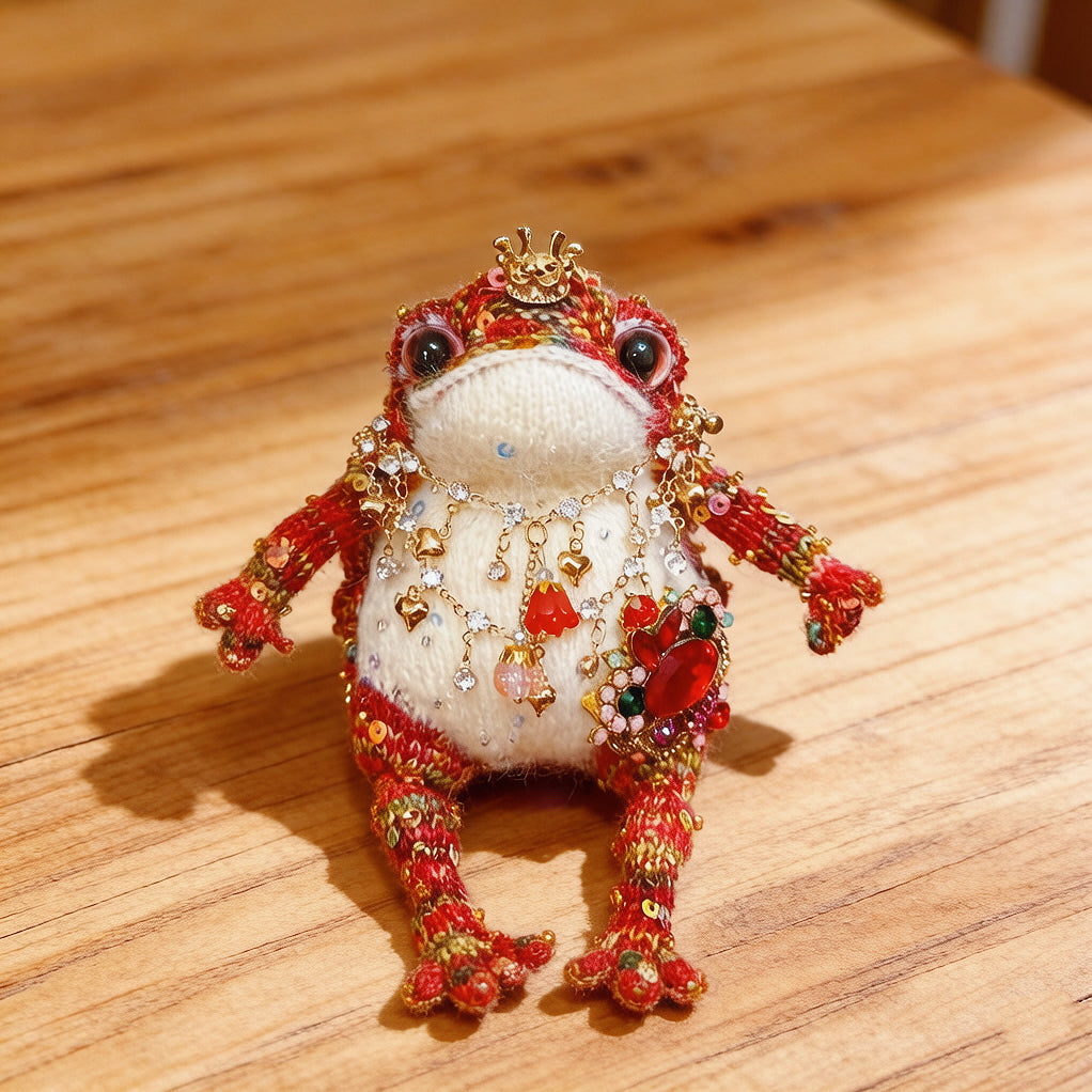 Ruby Jewel Toad – Handcrafted Red Crochet Figurine with Gold Crown, Layered Gem Necklace &amp; Ruby Brooch | The Third Space