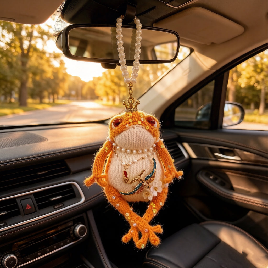 Golden Swallow Prosperity Toad – Bejeweled Crochet Hanging Ornament | Crystal &amp; Pearl Tassel, Mini Crown