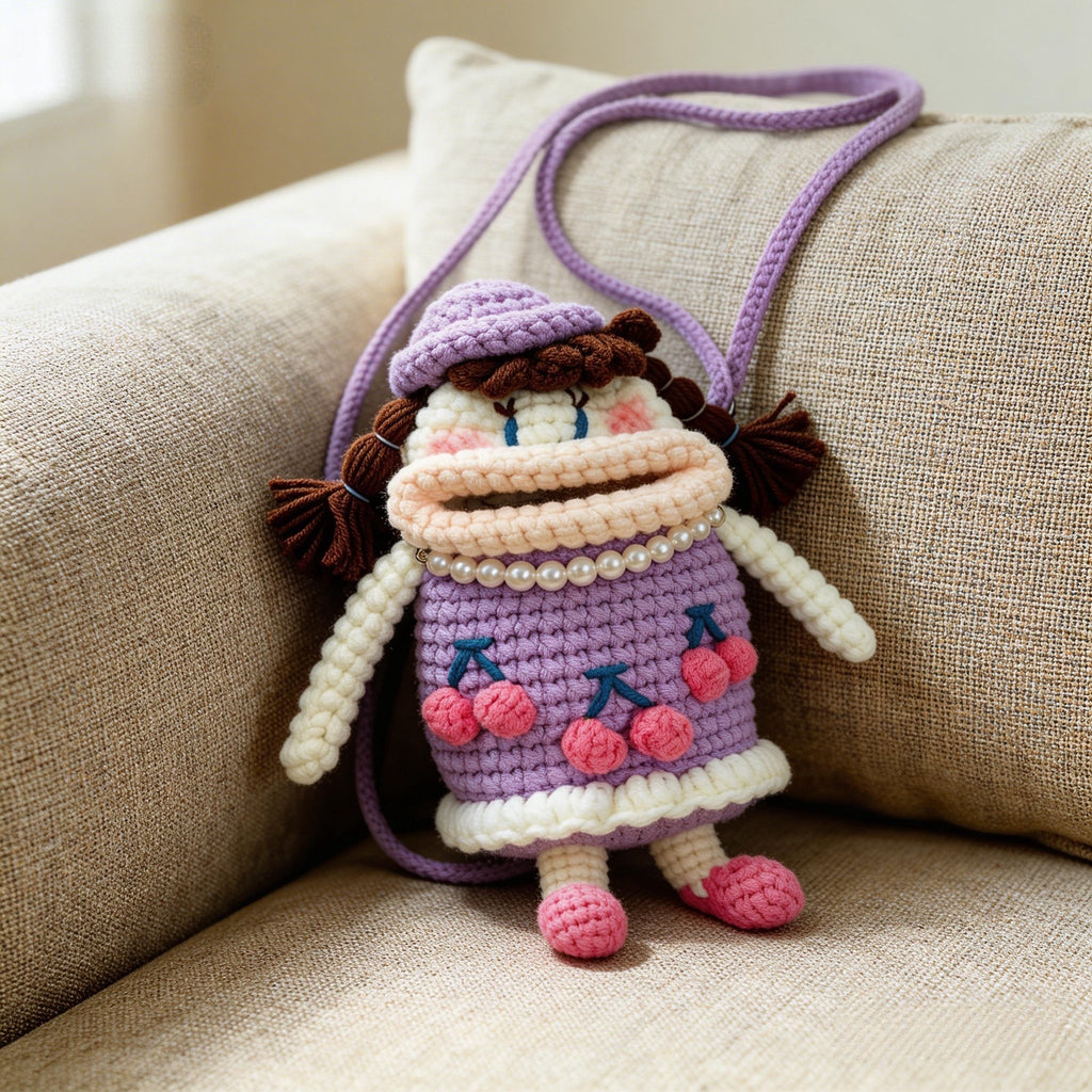 Crochet Wide-Mouth Doll Crossbody Bag – Handmade Novelty Phone Purse