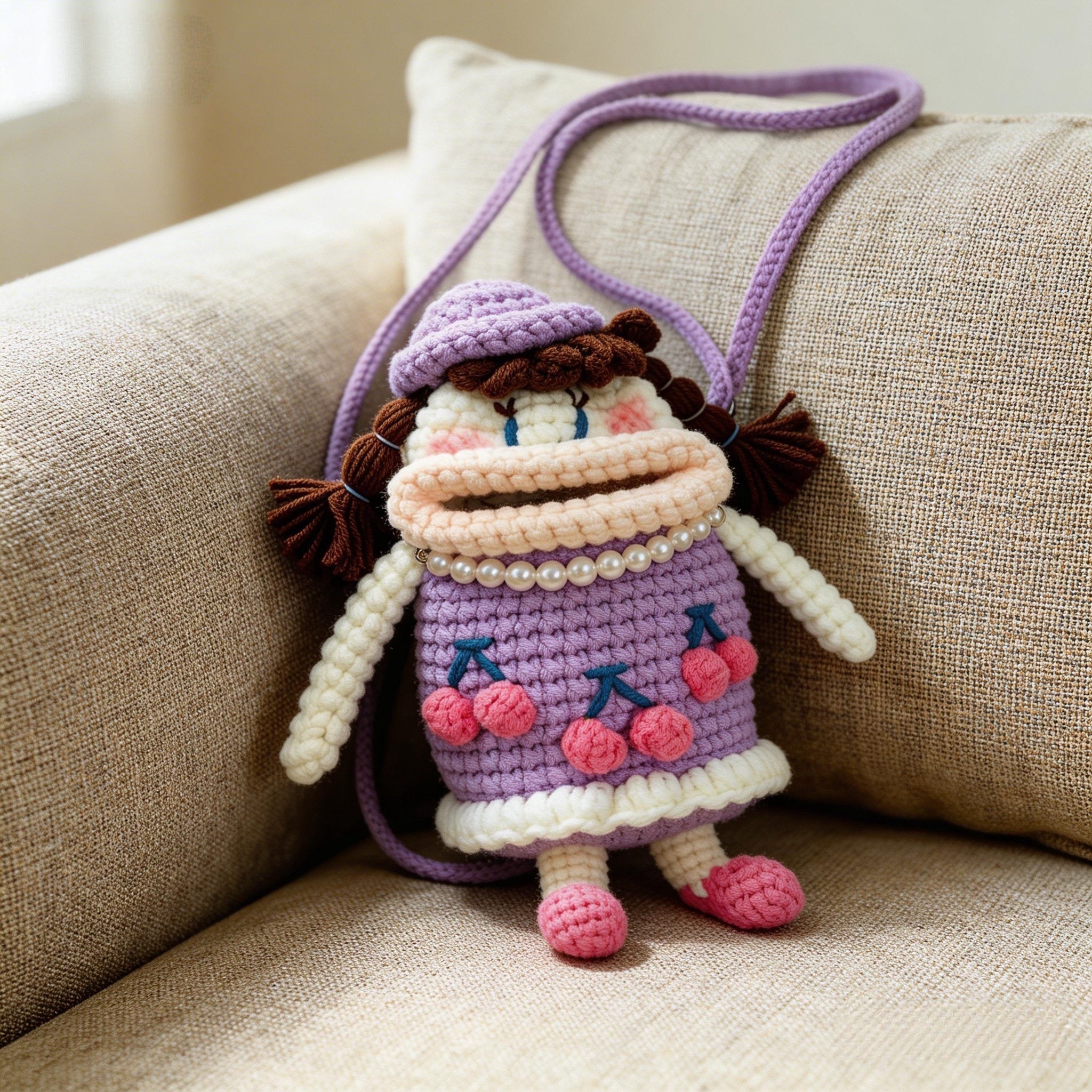 Crochet Wide-Mouth Doll Crossbody Bag – Handmade Novelty Phone Purse