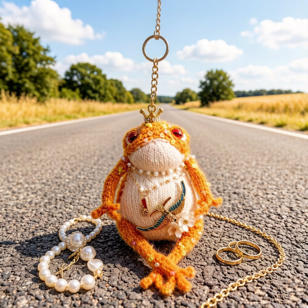 Golden Swallow Prosperity Toad – Bejeweled Crochet Hanging Ornament | Crystal &amp; Pearl Tassel, Mini Crown