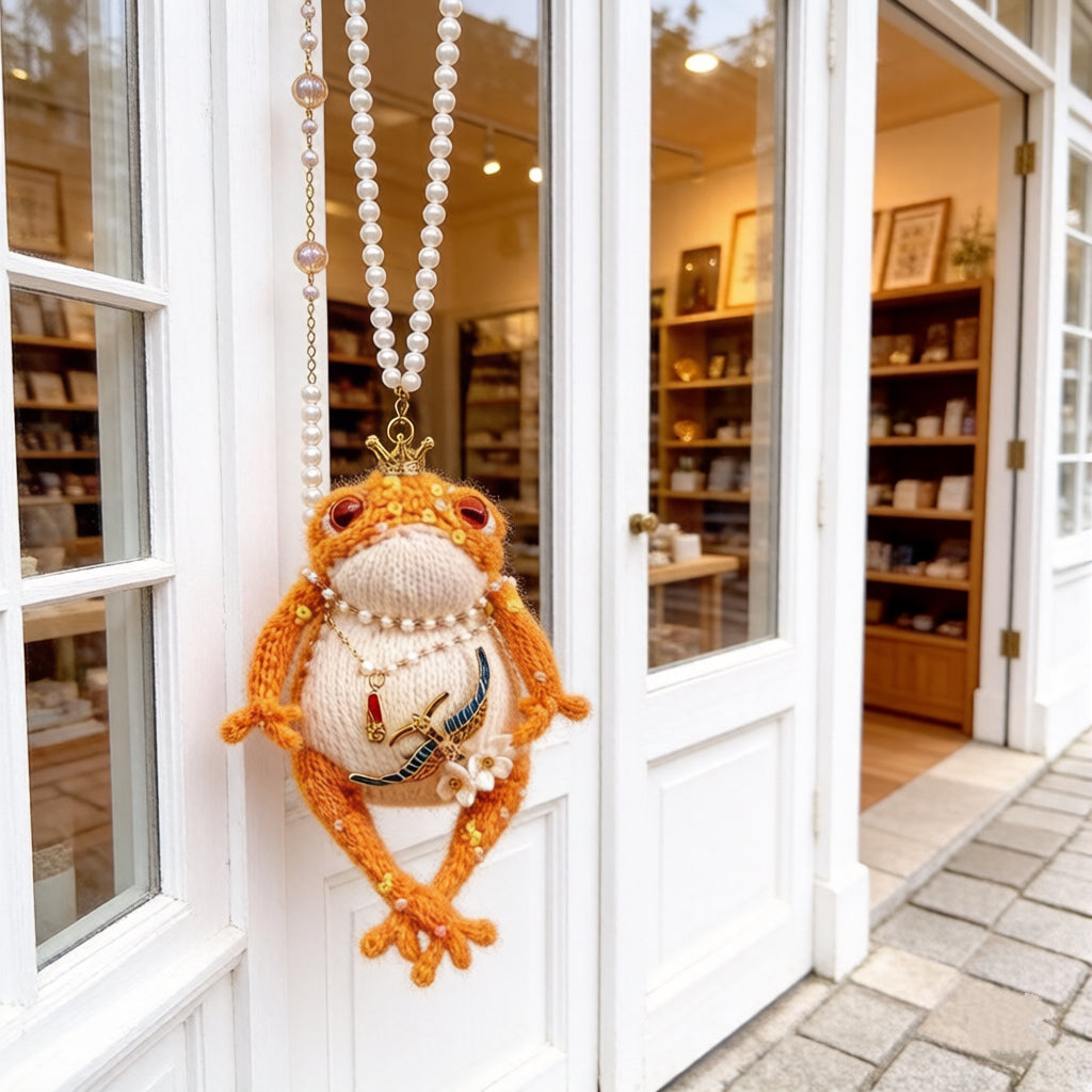 Golden Swallow Prosperity Toad – Bejeweled Crochet Hanging Ornament | Crystal &amp; Pearl Tassel, Mini Crown