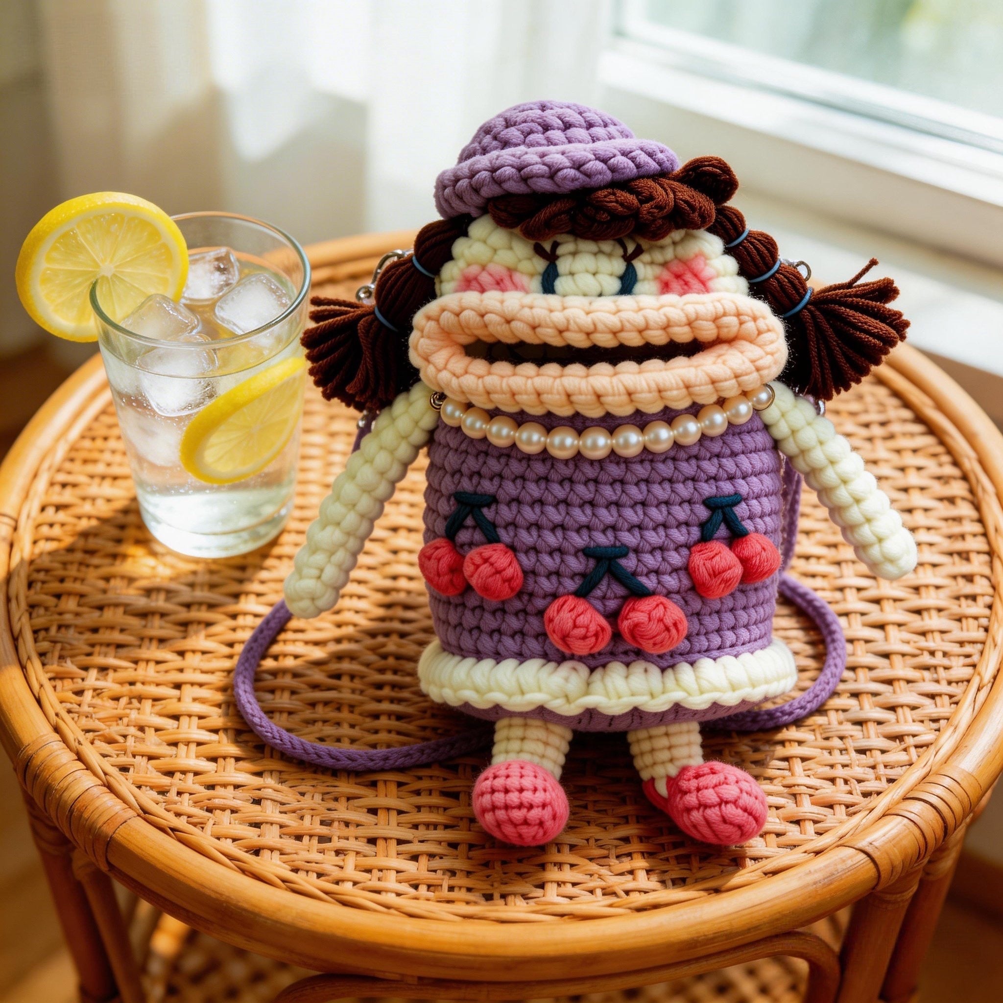 Crochet Wide-Mouth Doll Crossbody Bag – Handmade Novelty Phone Purse