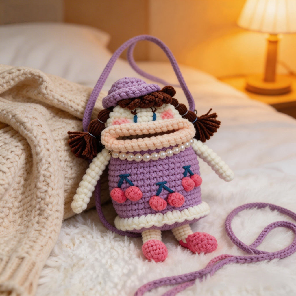 Crochet Wide-Mouth Doll Crossbody Bag – Handmade Novelty Phone Purse