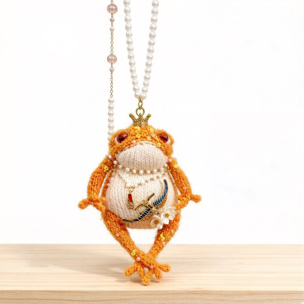 Golden Swallow Prosperity Toad – Bejeweled Crochet Hanging Ornament | Crystal &amp; Pearl Tassel, Mini Crown