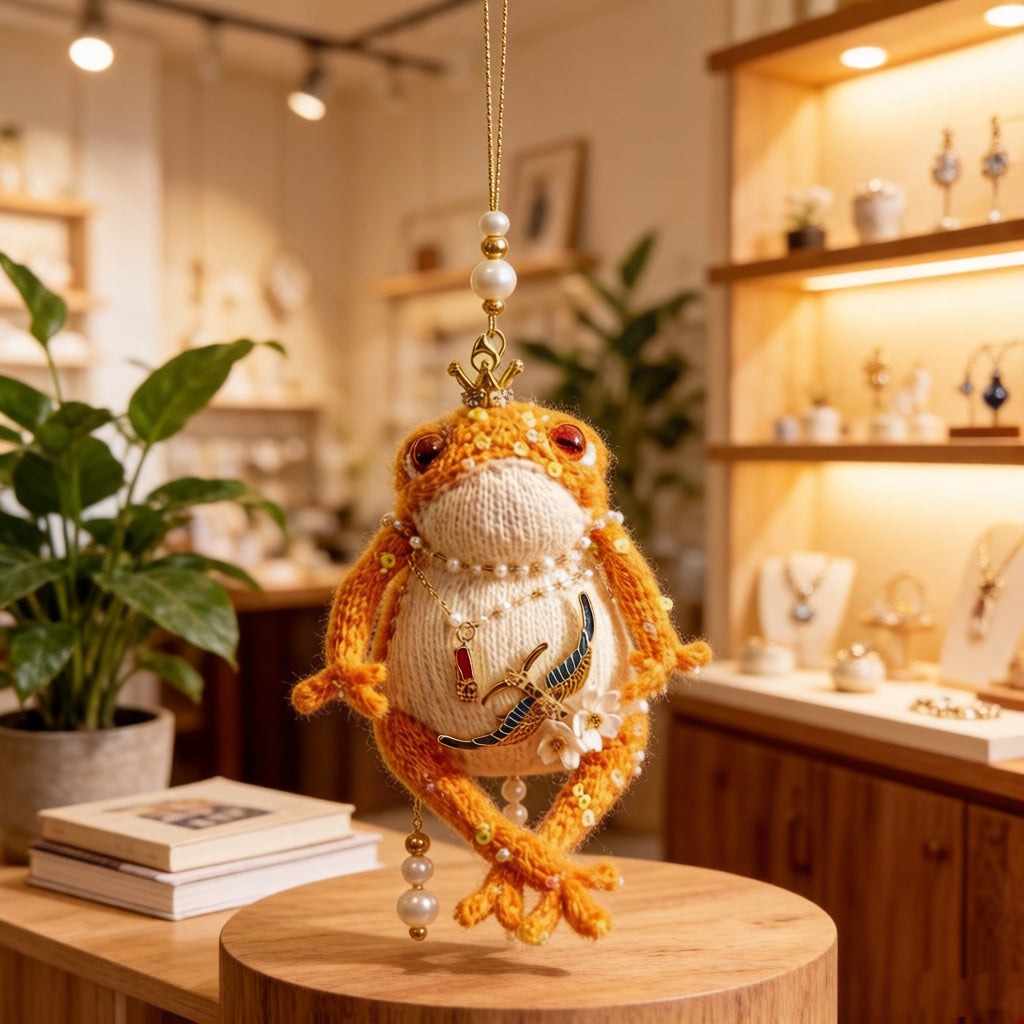 Golden Swallow Prosperity Toad – Bejeweled Crochet Hanging Ornament | Crystal &amp; Pearl Tassel, Mini Crown