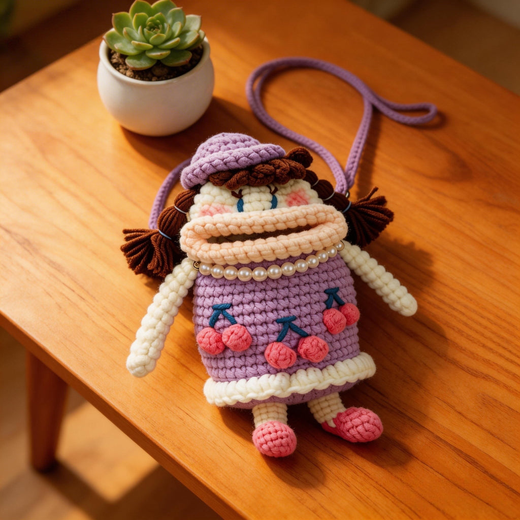 Crochet Wide-Mouth Doll Crossbody Bag – Handmade Novelty Phone Purse