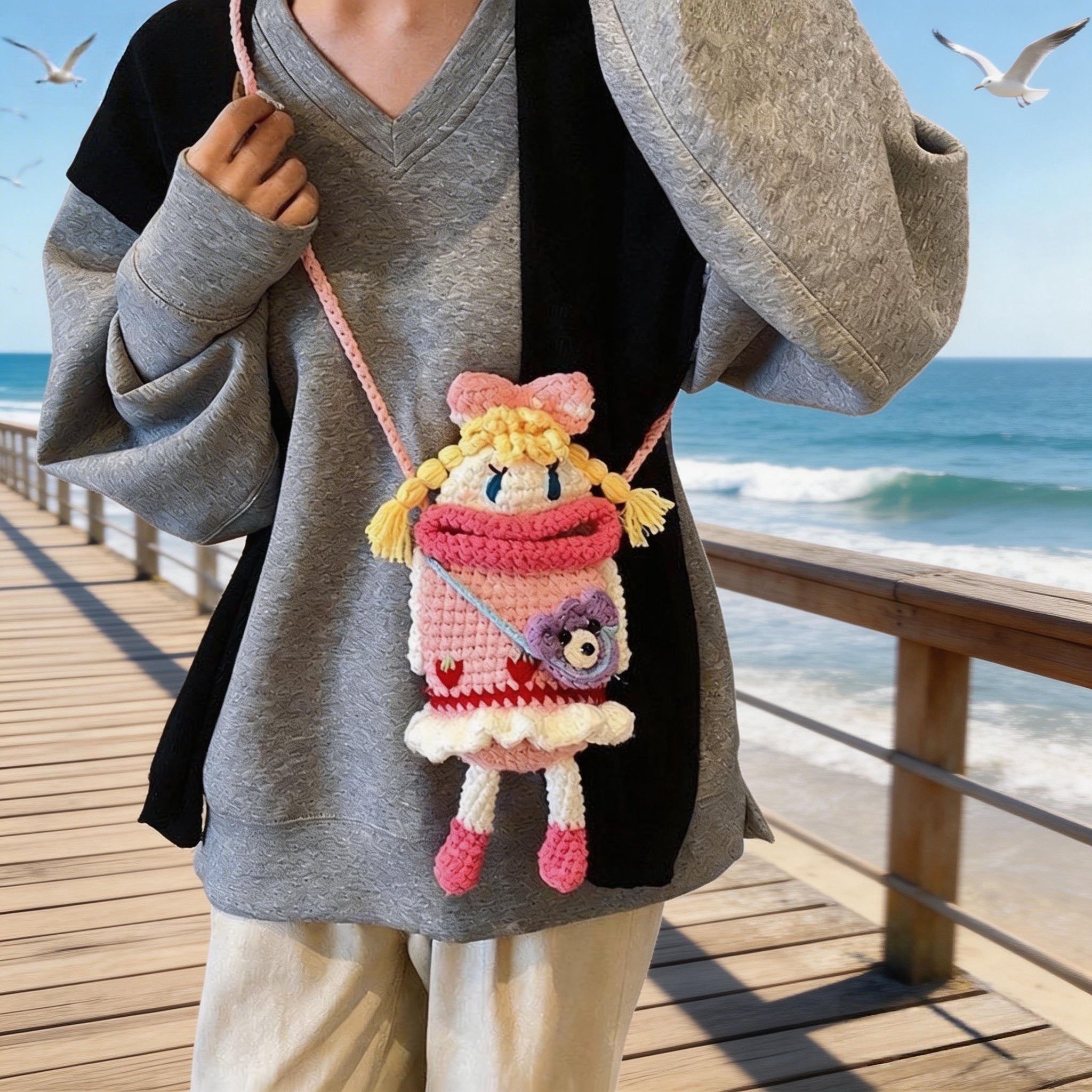 Crochet Wide-Mouth Doll Crossbody Bag – Handmade Novelty Phone Purse