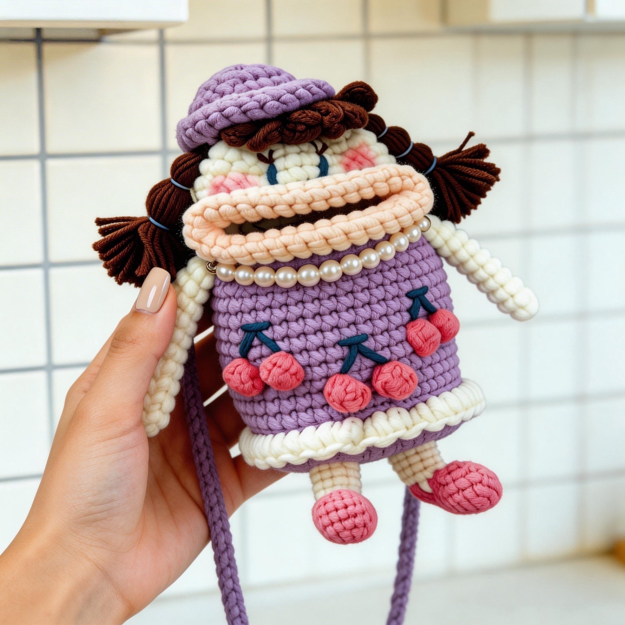 Crochet Wide-Mouth Doll Crossbody Bag – Handmade Novelty Phone Purse