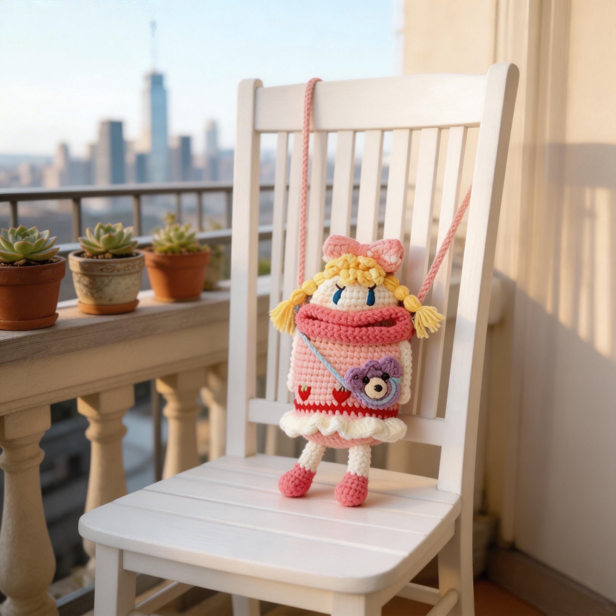Crochet Wide-Mouth Doll Crossbody Bag – Handmade Novelty Phone Purse