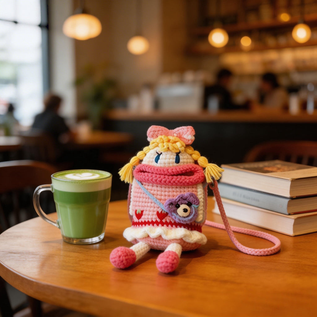 Crochet Wide-Mouth Doll Crossbody Bag – Handmade Novelty Phone Purse