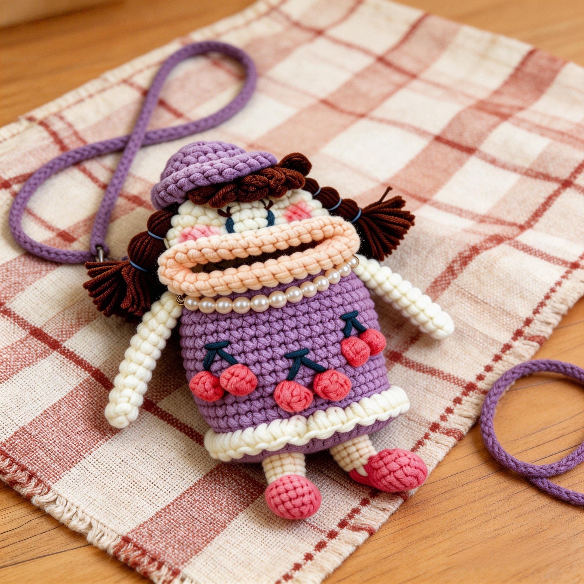 Crochet Wide-Mouth Doll Crossbody Bag – Handmade Novelty Phone Purse