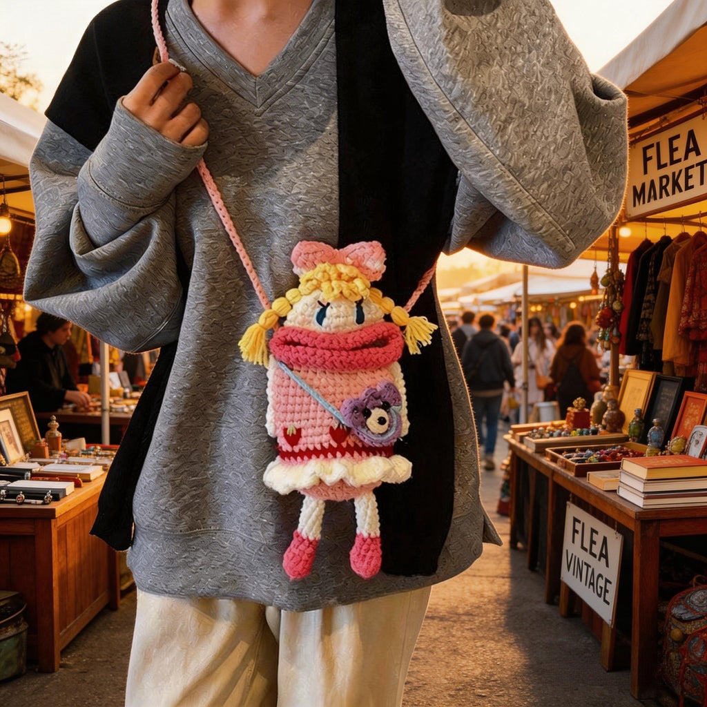 Crochet Wide-Mouth Doll Crossbody Bag – Handmade Novelty Phone Purse