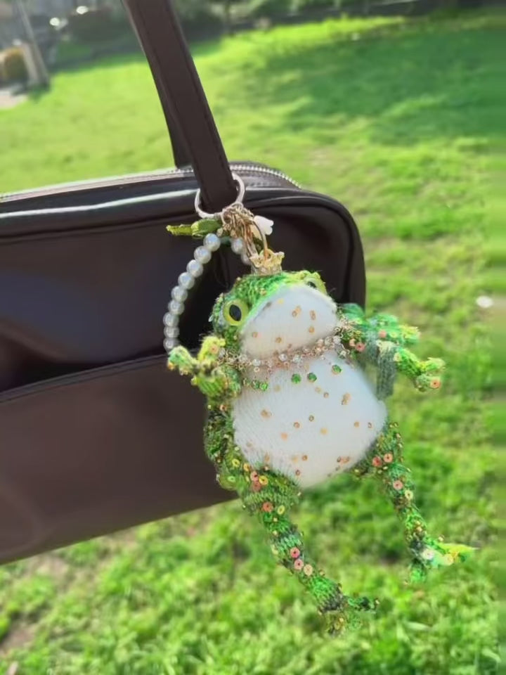 Crowned Pearl Toad Bag Charm – Hand-Knitted Green Crochet Pendant with Gold Crown, Crystal Necklace, Pearl Hanger &amp; Tiny Flower | The Third Space
