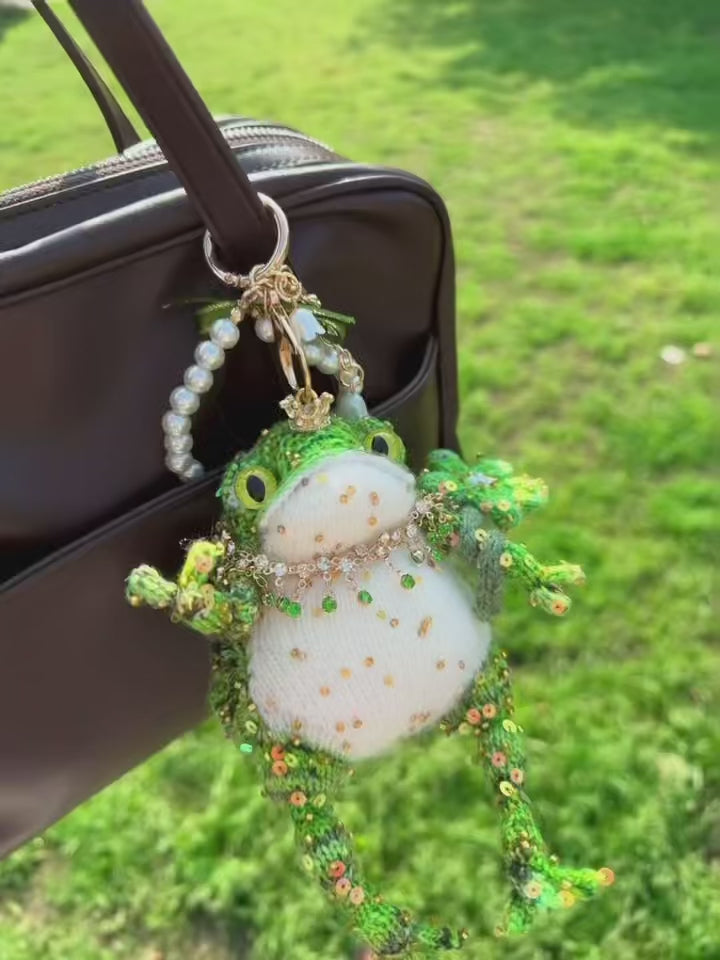 Crowned Pearl Toad Bag Charm – Hand-Knitted Green Crochet Pendant with Gold Crown, Crystal Necklace, Pearl Hanger &amp; Tiny Flower | The Third Space